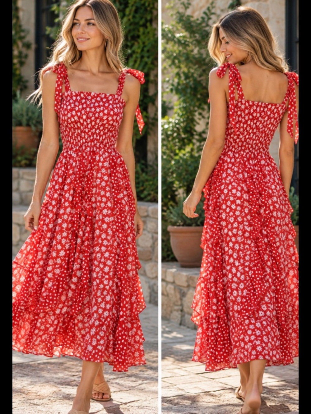Vtg Diane Freis Original Red White Floral Smocked Midi Sun Dress 100% Cotton S